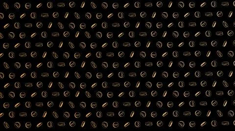 Bitcoin seamless orange coins pattern with hand drawn doodle icons on black b Stock-Illustration