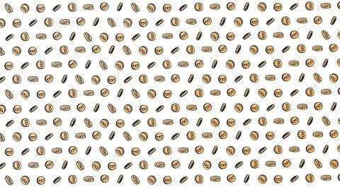 Bitcoin seamless orange coins pattern with hand drawn doodle icons on white b Stock Illustration