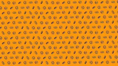 Bitcoin seamless orange coins pattern with hand drawn doodle icons on color b Stock Illustration