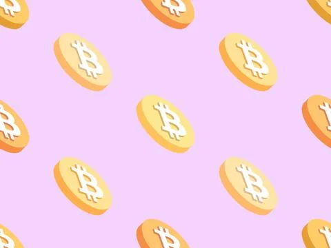 Bitcoin seamless pattern. 3D coins with Bitcoin symbol on a pink background.. Illustrazione stock