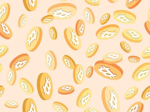 Bitcoin seamless pattern. 3D coins with Bitcoin symbol on a beige backgroun.. Stock Illustration