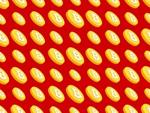Bitcoin seamless pattern. 3D coins with Bitcoin symbol on a red background... Stock Illustration