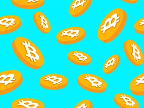 Bitcoin seamless pattern. 3D coins with Bitcoin symbol on a blue background.. Stock-Illustration
