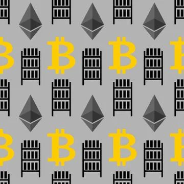 Bitcoin seamless pattern. Mining farm and Cryptocurrency background. Vector i Stock Illustration