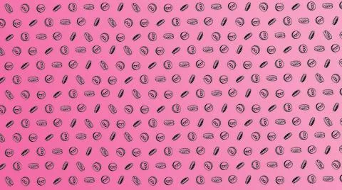 Bitcoin seamless pink coins pattern with hand drawn doodle icons on color bac Stock Illustration