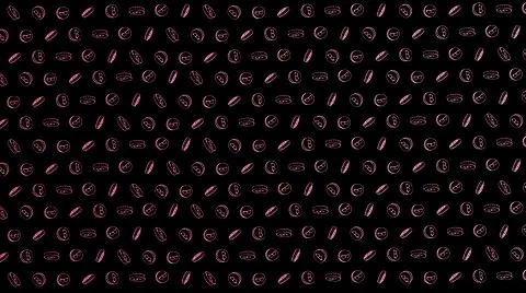 Bitcoin seamless pink coins pattern with hand drawn doodle icons on black bac Stock Illustration