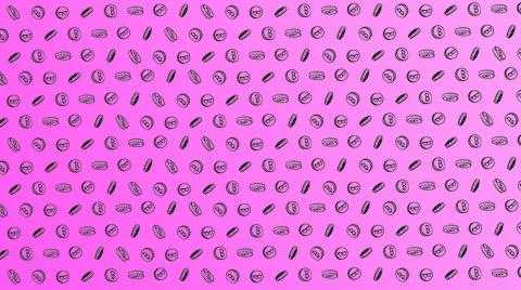 Bitcoin seamless purple coins pattern with hand drawn doodle icons on color b Stock-Illustration