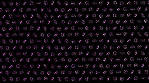 Bitcoin seamless purple coins pattern with hand drawn doodle icons on black b Stock-Illustration