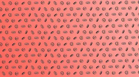 Bitcoin seamless red coins pattern with hand drawn doodle icons on color back Illustrazione stock