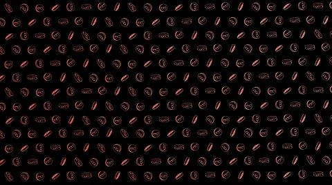 Bitcoin seamless red coins pattern with hand drawn doodle icons on black back Иллюстрация