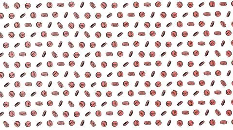 Bitcoin seamless red coins pattern with hand drawn doodle icons on white back Illustrazione stock