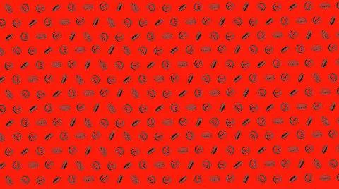 Bitcoin seamless red coins pattern with hand drawn doodle icons on color back Stock-Illustration