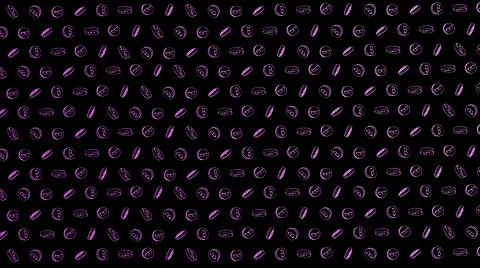 Bitcoin seamless violet coins pattern with hand drawn doodle icons on black b Stock Illustration
