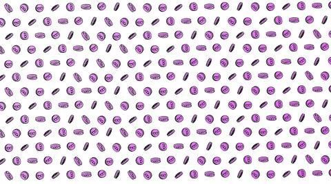 Bitcoin seamless violet coins pattern with hand drawn doodle icons on white b Illustrazione stock