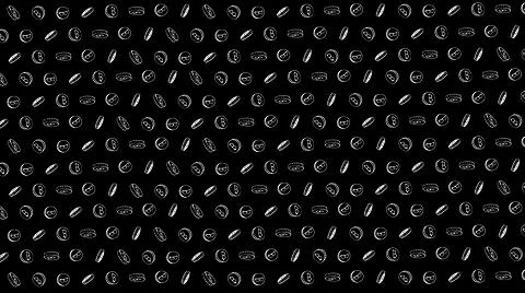 Bitcoin seamless white coins pattern with hand drawn doodle icons on black ba Stock Illustration