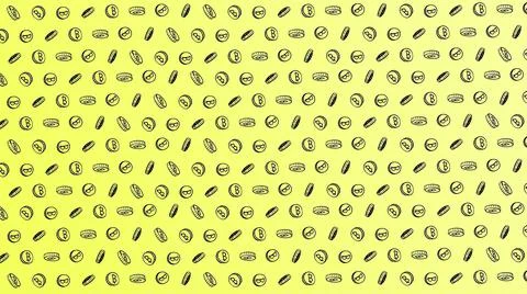 Bitcoin seamless yellow coins pattern with hand drawn doodle icons on color b Stock Illustration