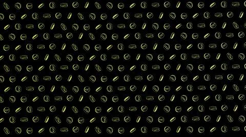 Bitcoin seamless yellow coins pattern with hand drawn doodle icons on black b Stock Illustration