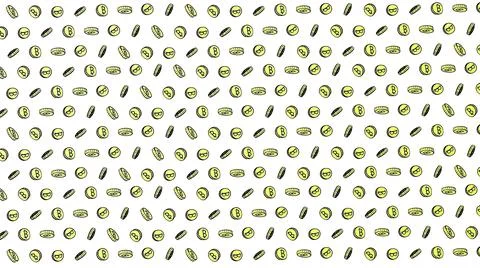 Bitcoin seamless yellow coins pattern with hand drawn doodle icons on white b Stock Illustration