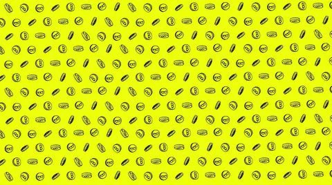 Bitcoin seamless yellow coins pattern with hand drawn doodle icons on color b Illustrazione stock