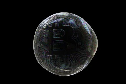 Bitcoin in the shape of a realistic soap bubble on a black isolated background. Stock Illustration