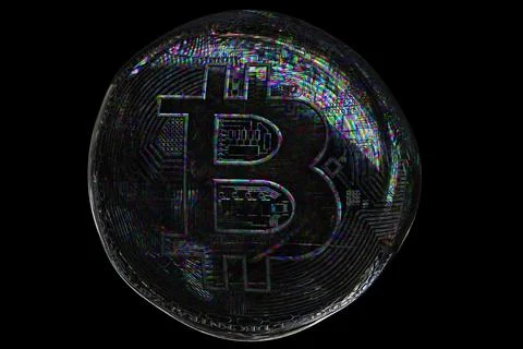 Bitcoin in the shape of a realistic soap bubble on a black isolated background. Stock Photos