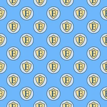 Bitcoin in Shield vector Cryptocurrency Protection colored seamless pattern 스톡 일러스트