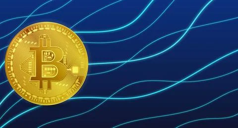 Bitcoin side view on background with abstract intersecting neon light lines. Stock Illustration