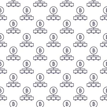 Bitcoin sign with Computers vector Decentralized Cryptocurrency thin line s.. Stock Illustration