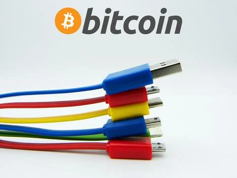 Bitcoin sign with different technological connector cables. Stock Photos