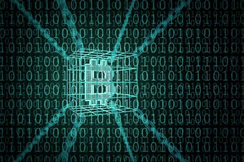 Bitcoin sign enclosed in chains. Block chain concept. 3d illustration. イラスト素材