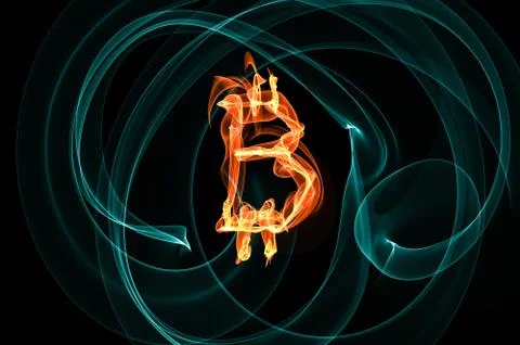 Bitcoin sign over black background. Light painting Stock Illustration