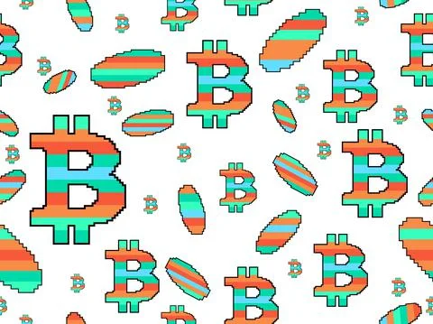 Bitcoin sign seamless pattern in pixel art style. 8 bit bitcoin and coin icon Illustrazione stock