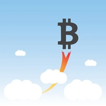 Bitcoin Sign Taking Off - Bit Coin's Rate Is Rising High Up in the Sky, Eco.. Ilustração Stock