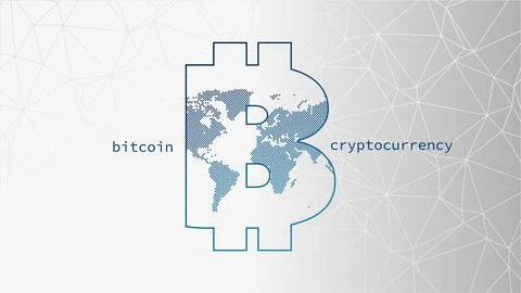 Bitcoin sign with world map. Gray white triangle vector pattern. Blockchain Stock Illustration