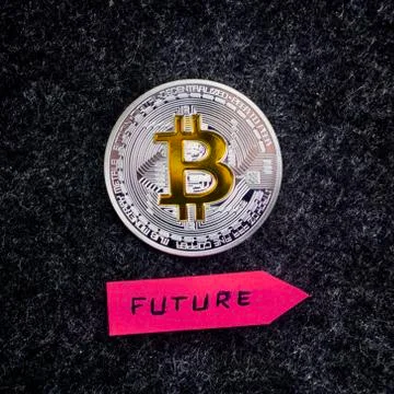 Bitcoin silver coin with future pink arrow Stock Photos
