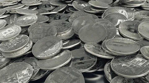 Bitcoin Silver coins falling down. Video stock 83446289