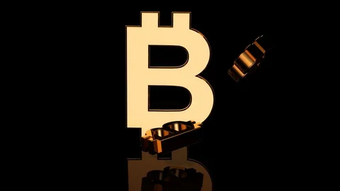 Bitcoin Simbol Falling On Reflective Surface Stock Footage 125702363