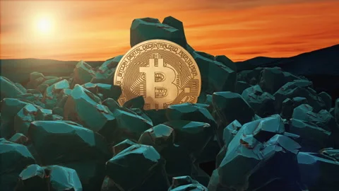 Bitcoin sitting on rocks. Concept of cryptocurrency, blockchain, crypto market Stock Footage 151038150
