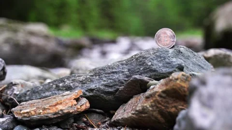 Bitcoin sitting on rocks. Concept of cryptocurrency, blockchain, crypto market Stock Footage 209989964