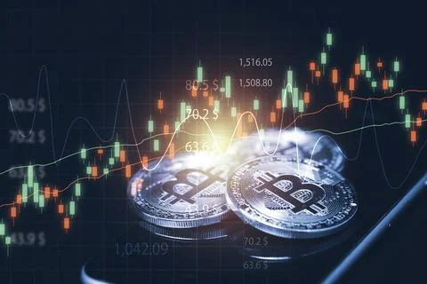 Bitcoin on smartphone with technical graph and chart, Digital currency exchange Stock Photos