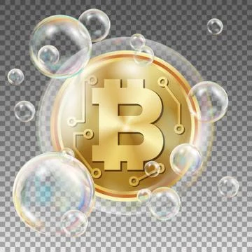 Bitcoin In Soap Bubble Vector. Investment Risk. Collapse Of Crypto Currency Illustration