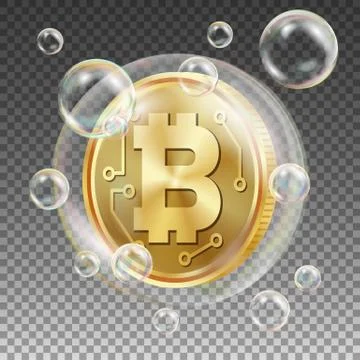 Bitcoin In Soap Bubble Vector. Investment Risk. Price Market Value Going Down Stock Illustration