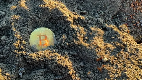 Bitcoin in soil after extraction. Сryptocurrency trading exchange. Stock Footage 269902644