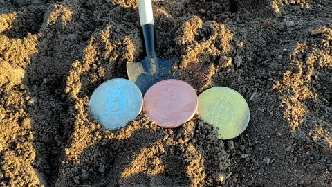 Bitcoin in soil after extraction. Сryptocurrency trading exchange. Stock-Footage 269902999