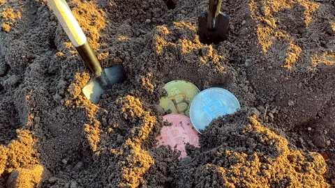 Bitcoin in soil after extraction. Сryptocurrency trading exchange. Stock Footage 269903456