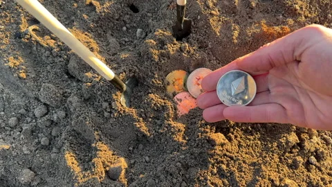 Bitcoin in soil after extraction. Сryptocurrency trading exchange. Stock Footage 269903544