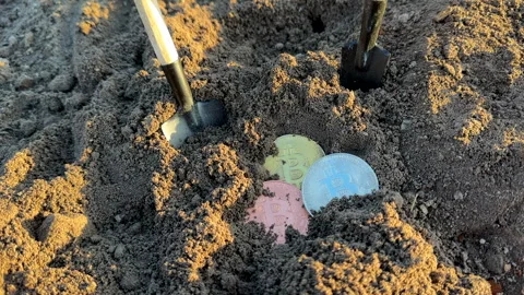 Bitcoin in soil after extraction. Сryptocurrency trading exchange. Stock Footage 269903609