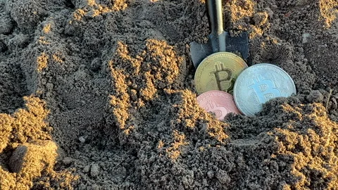Bitcoin in soil after extraction. Сryptocurrency trading exchange. Stock Footage 277264886