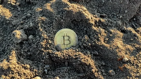 Bitcoin in soil in extraction. Ethereum, ETH coins mining in ground Stock-Footage 269902732