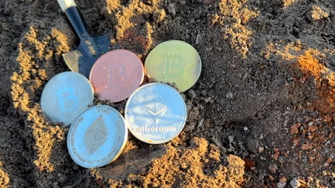 Bitcoin in soil in extraction. Ethereum, ETH coins mining in ground Video stock 269903169